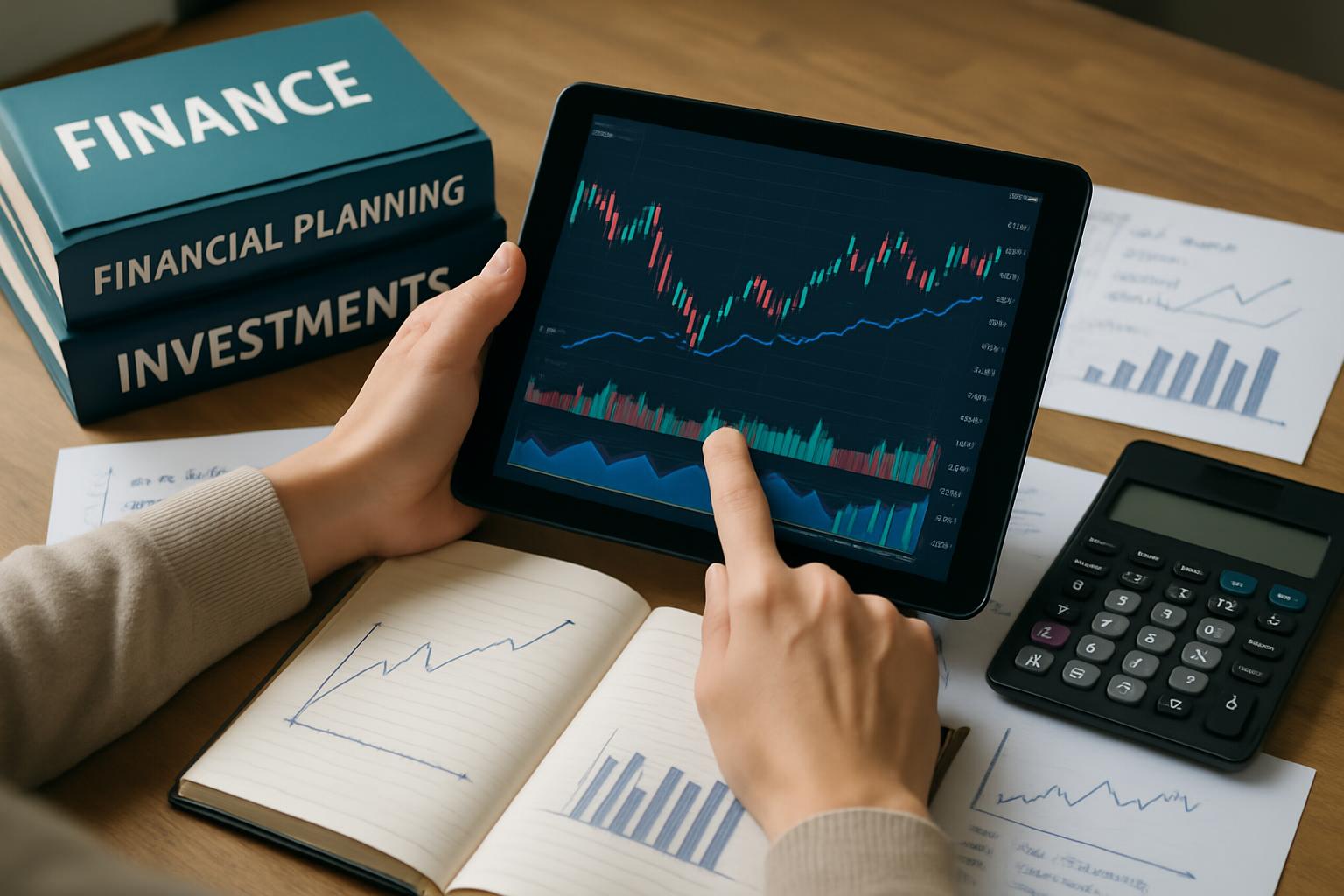 Persona estudiando gráficos financieros con libros y calculadora