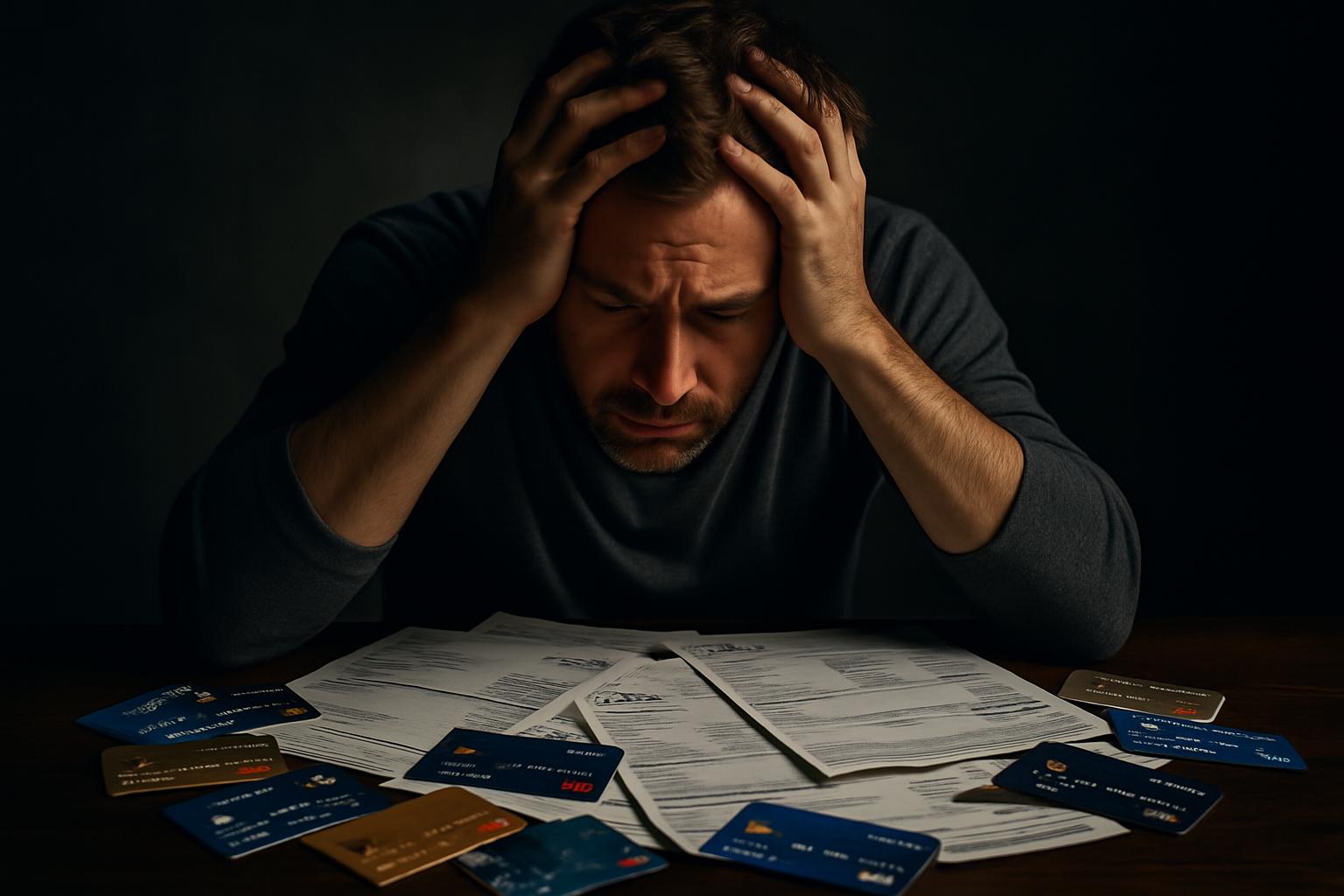 Persona estresada rodeada de tarjetas de crédito y facturas