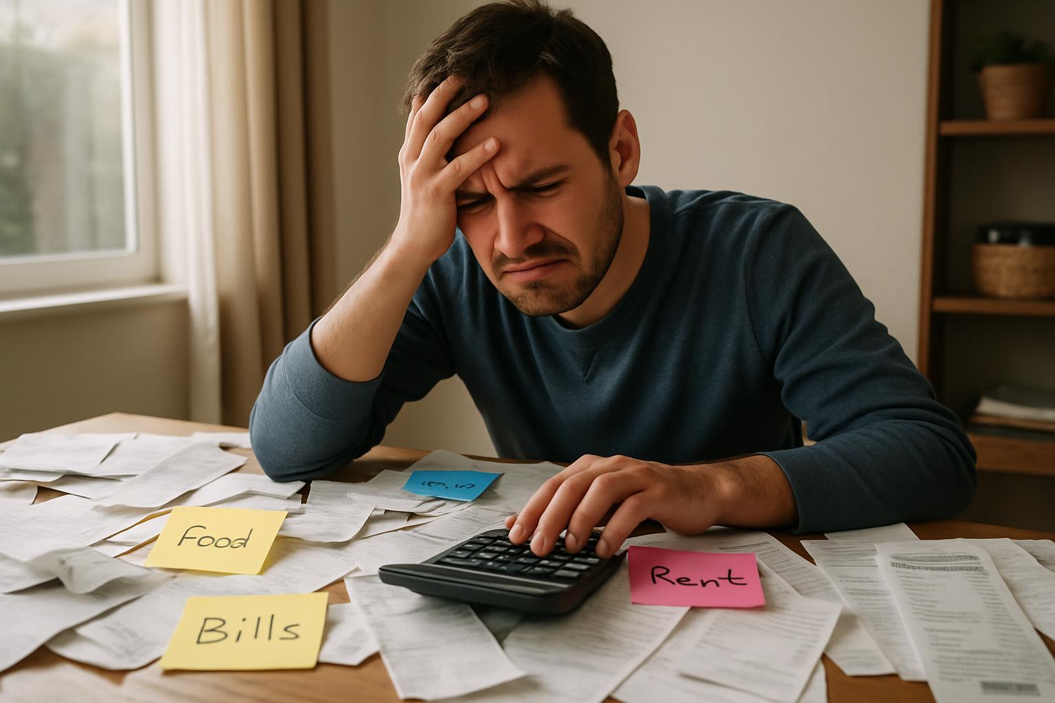 Persona intentando organizar facturas y gastos con calculadora